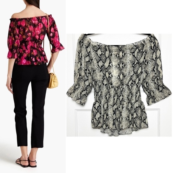 NWT L’AGENCE 70s Off Shoulder Snake Print Smock Waist Ruffle Trim Chiffon Top XS - Picture 2 of 9